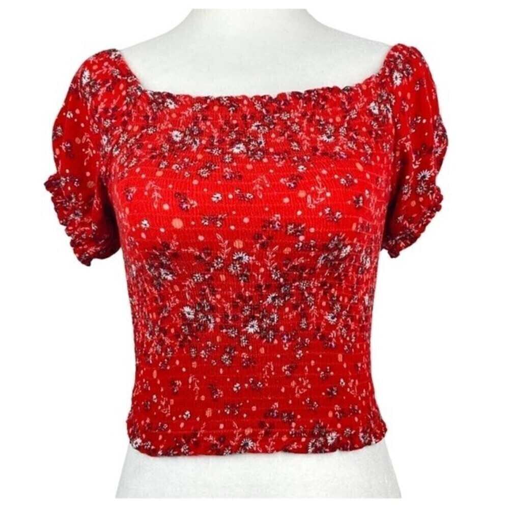Self Steem Womens Crop Top Extra Small Red Floral Ladies Casual Short Sleeve Top